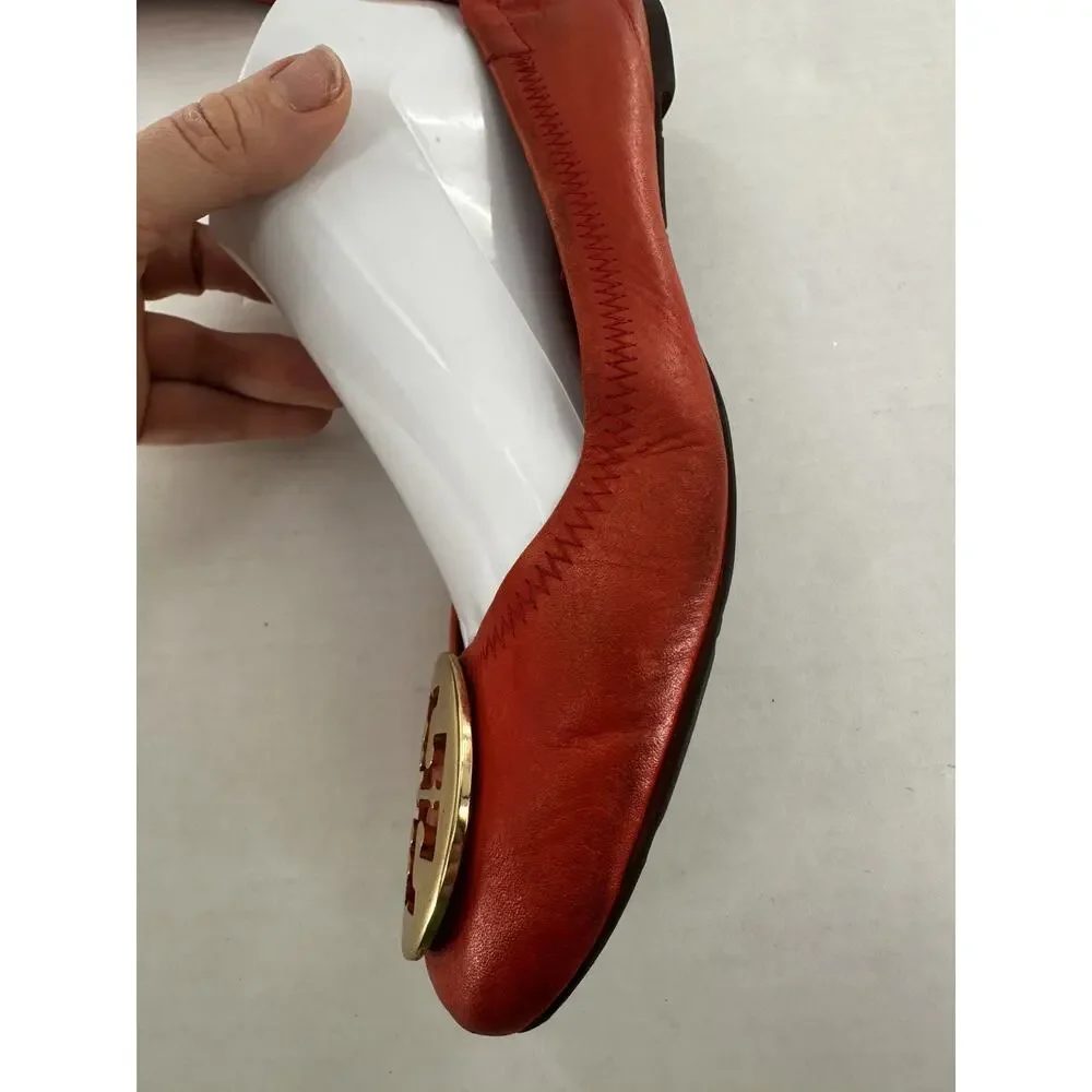 Tory Burch Flats Sz 8 Minnie Travel Orange Logo Office Classic Gold Logo Leather